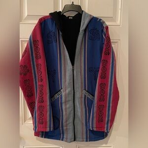 Women’s Colorful Hippie Patchwork ethnic tribal hooded sherpa lined jacket XXL